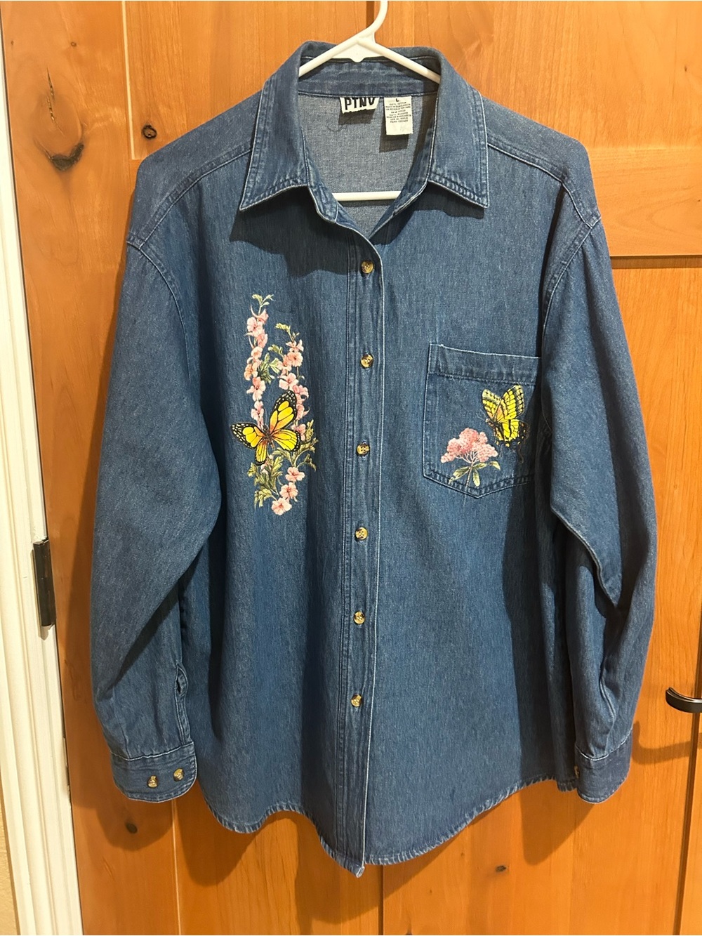 Girls' Blue Denim Button-Up Shirt with Butterfly Embroidery